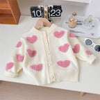 Fluffy Heart Pearl Cardigan for Girls – Toddler Knit Sweater in Pink or Cream | Ages 12 Months to 10 Years