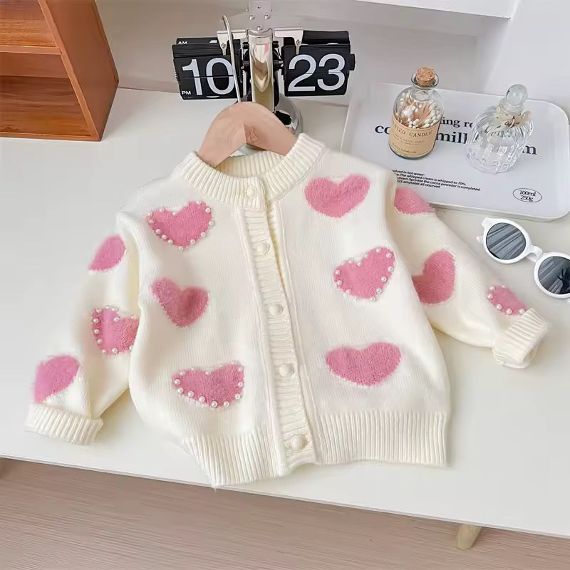 Fluffy Heart Pearl Cardigan for Girls – Toddler Knit Sweater in Pink or Cream | Ages 12 Months to 10 Years