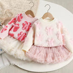 🎀 Teddy Bear &amp; Bow Knit Sweater + Tulle Skirt Set – Girls 9 Months to 5 Years