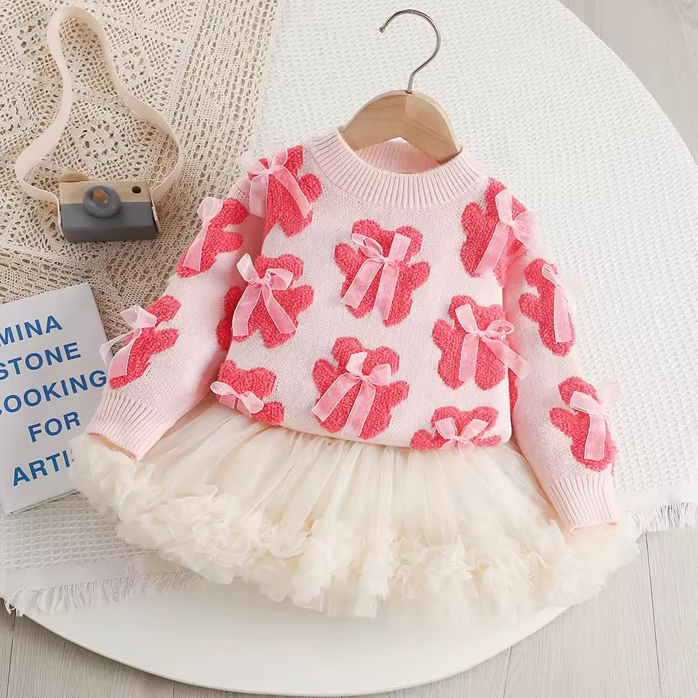 🎀 Teddy Bear &amp; Bow Knit Sweater + Tulle Skirt Set – Girls 9 Months to 5 Years