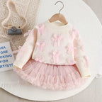 🎀 Teddy Bear &amp; Bow Knit Sweater + Tulle Skirt Set – Girls 9 Months to 5 Years