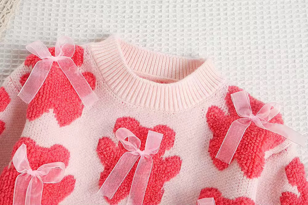 🎀 Teddy Bear &amp; Bow Knit Sweater + Tulle Skirt Set – Girls 9 Months to 5 Years