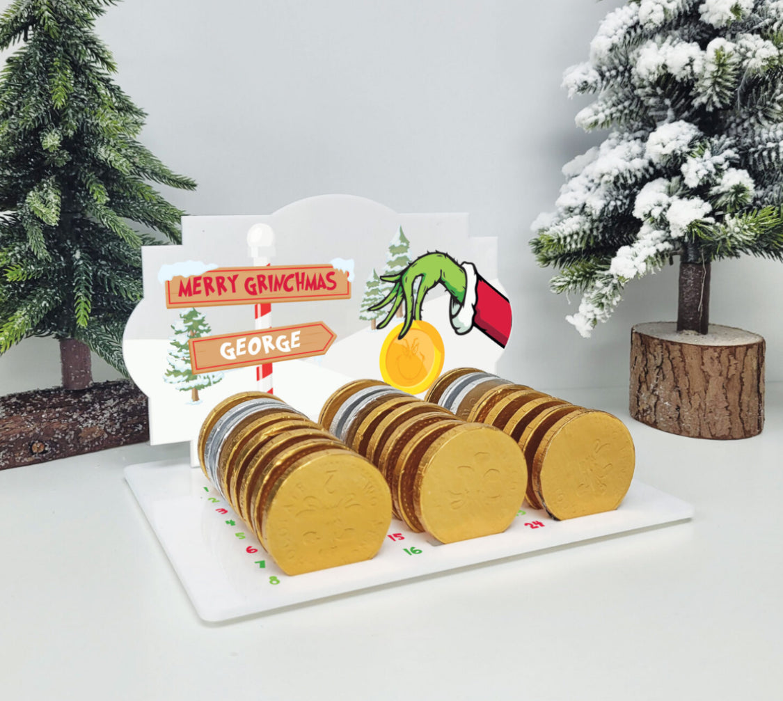 Acrylic Printed Advent Chocolate Coin Holder – Grinch Design
