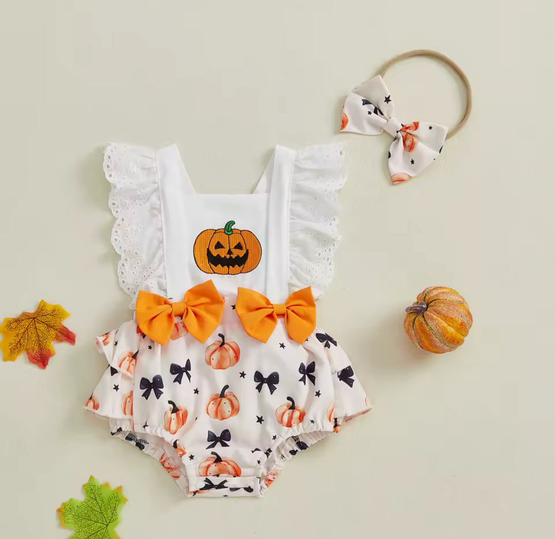 Baby pumpkin frill romper and head band