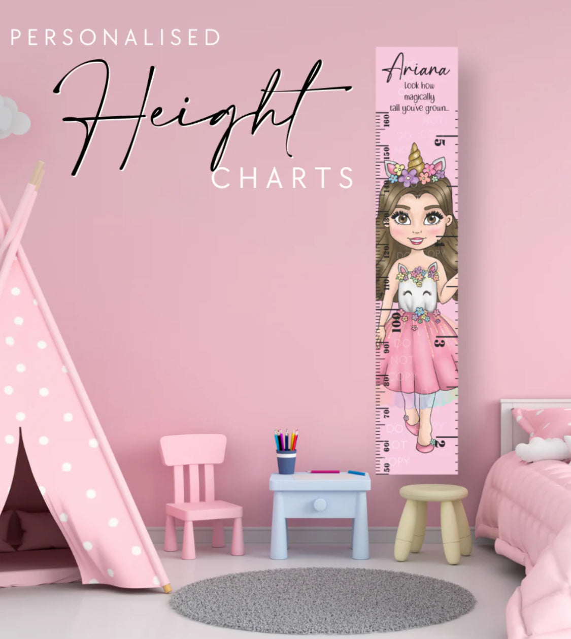 Personalised unicorn girl height chart