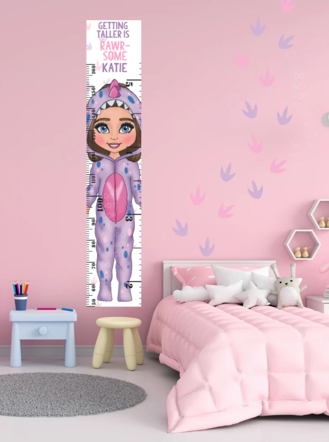 Personalised purple/pink dinosaur girl height chart