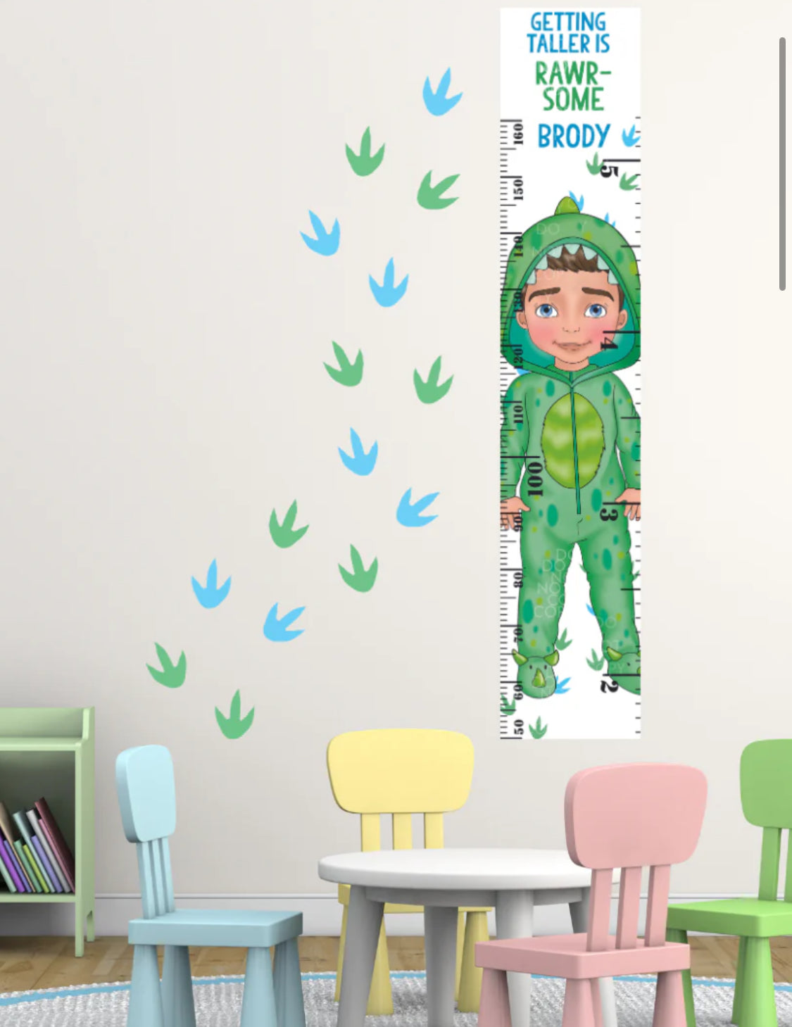 Personalised Green/blue dinosaur boy height chart