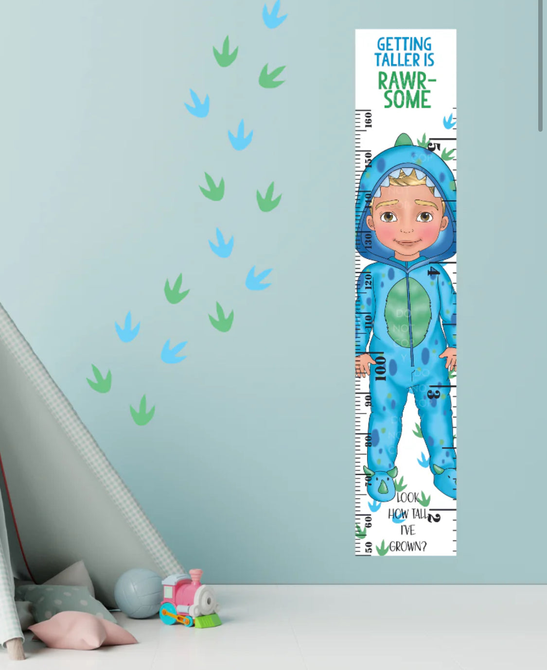 Personalised Green/blue dinosaur boy height chart