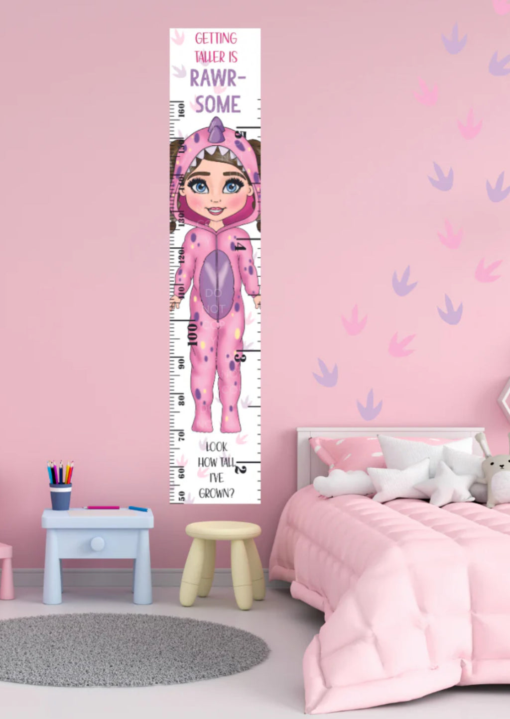 Personalised purple/pink dinosaur girl height chart