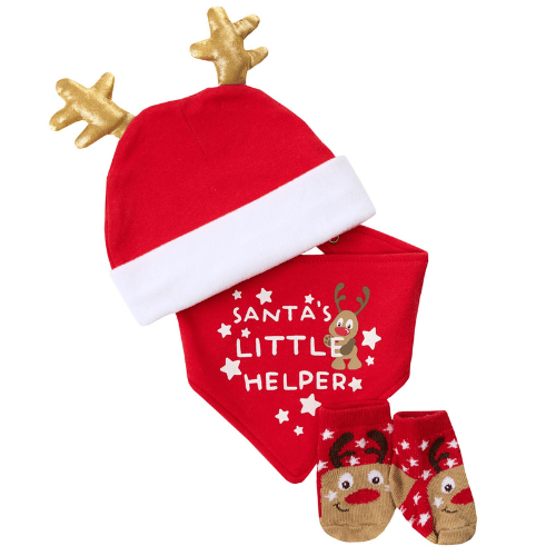 BABY CHRISTMAS REINDEER HAT, BIB & SOCK GIFT SET 0-6M