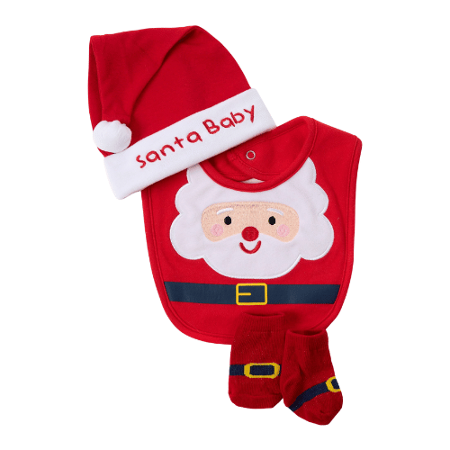 BABY 'SANTA BABY' HAT, BIB & SOCK SET 0-6M