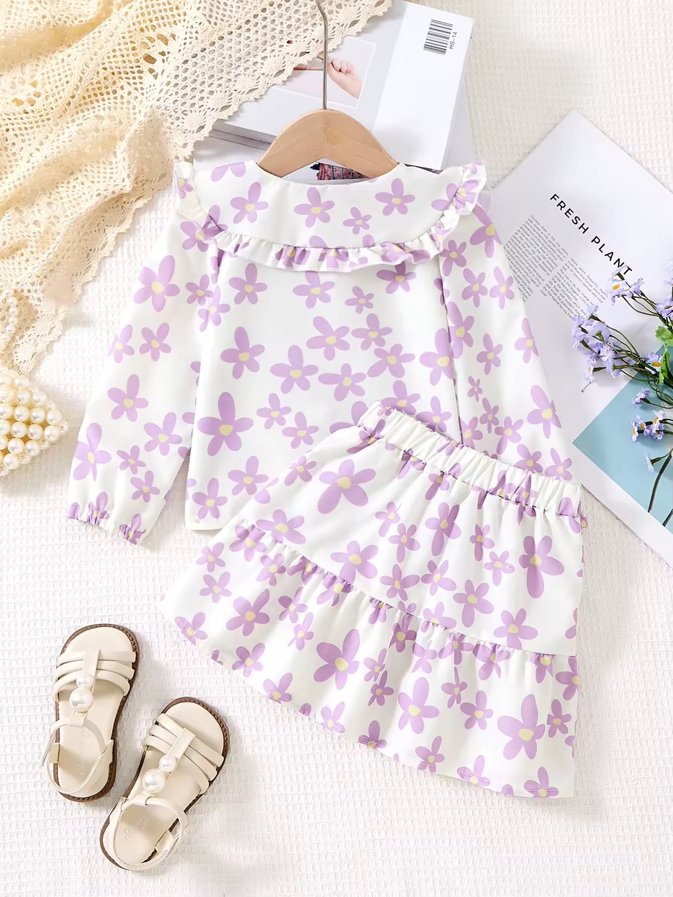 Lavender floral skirt and blouse set