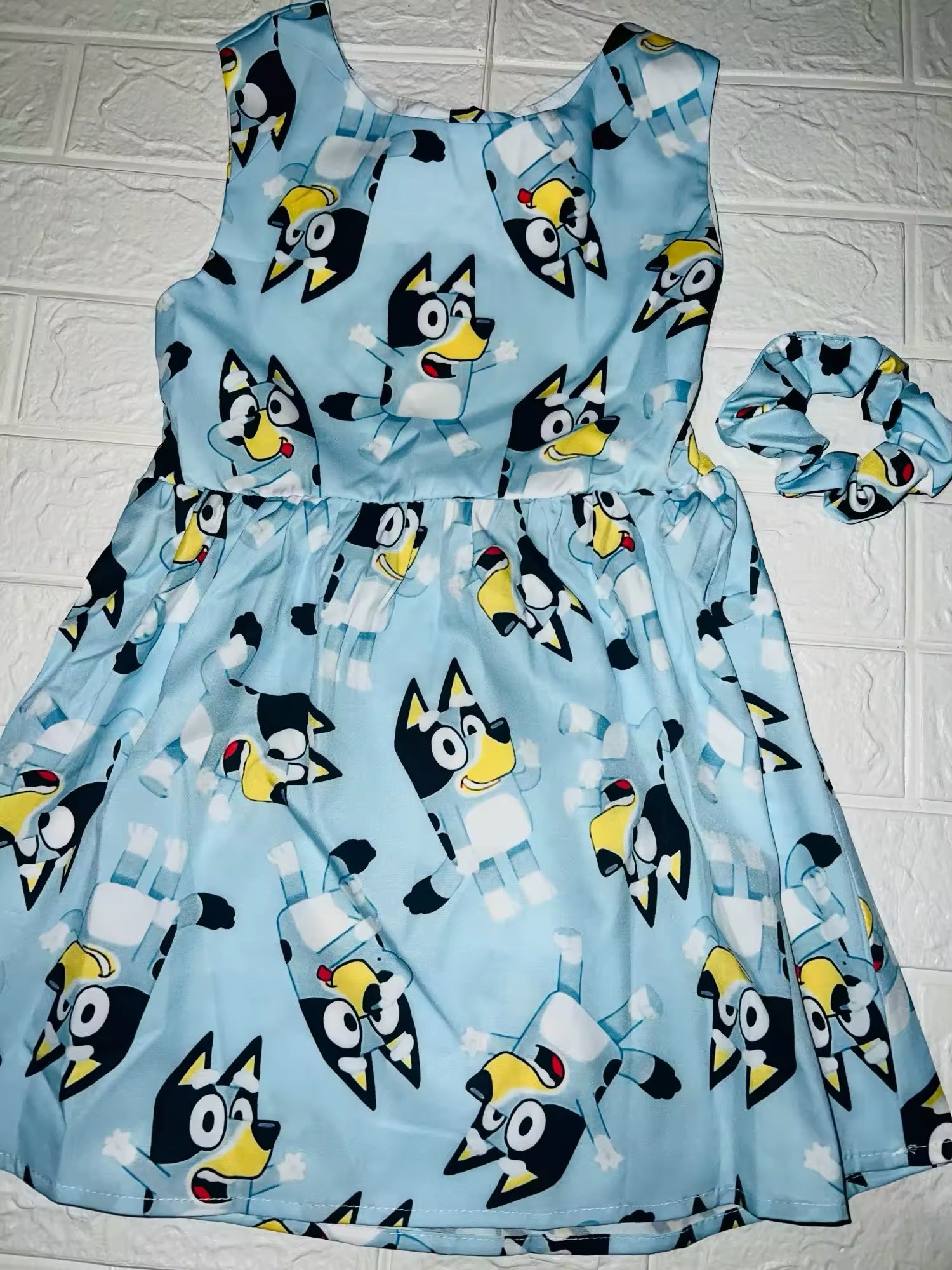 Blue dog party dress and scrunchie
