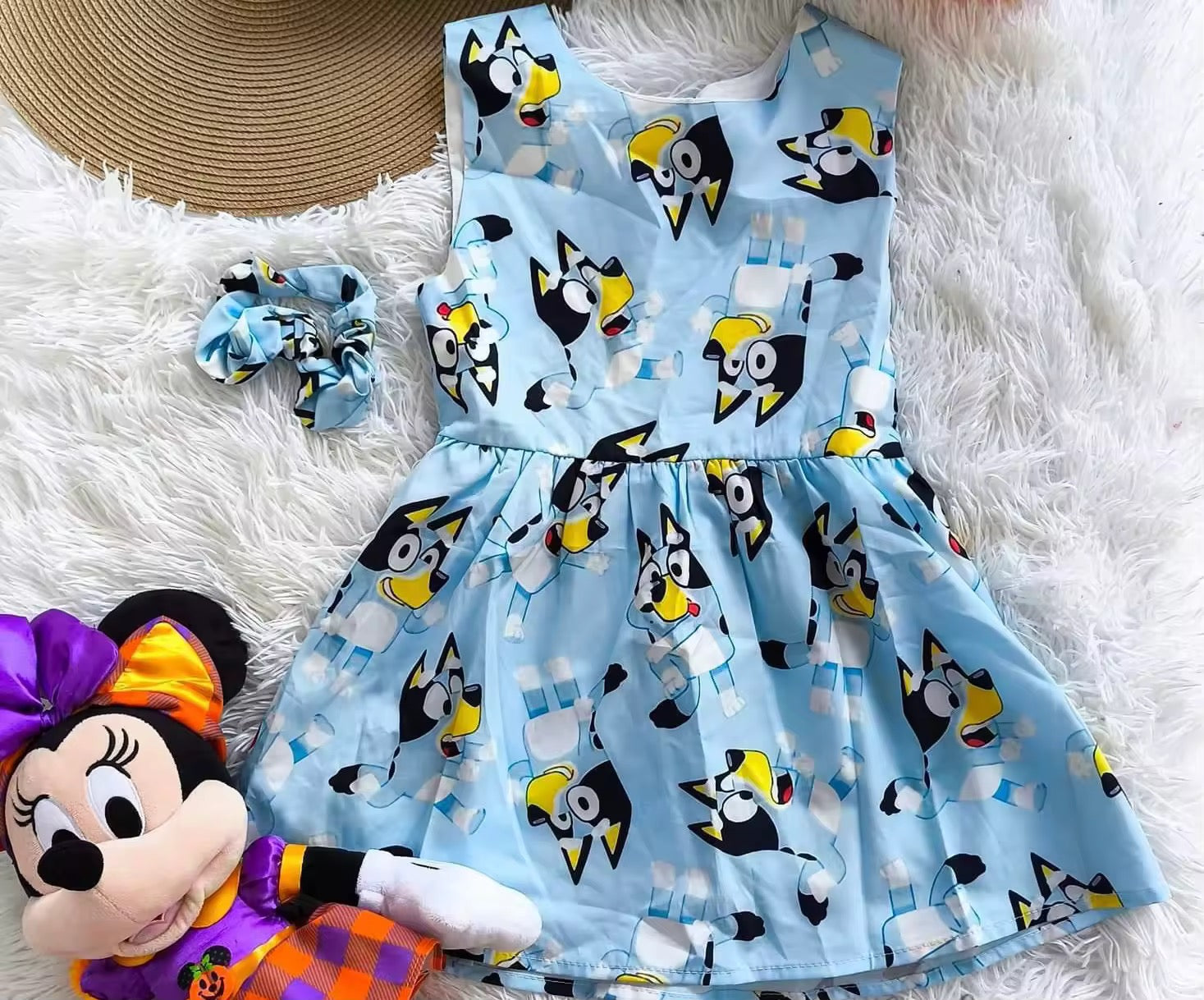 Blue dog party dress and scrunchie