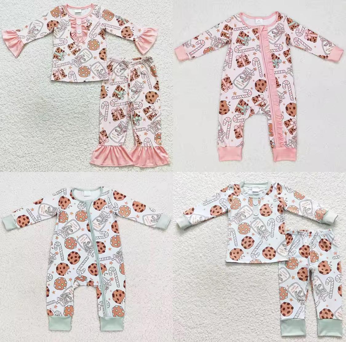 Milk and cookies bow Christmas pyjamas and romper suits