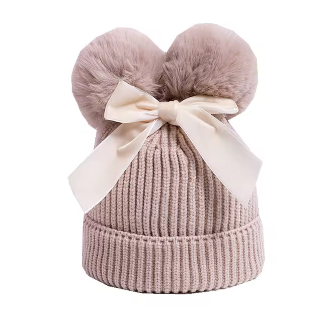 Personalised Double Pom Pom Bow Hat (Ages 2–10) 🎀