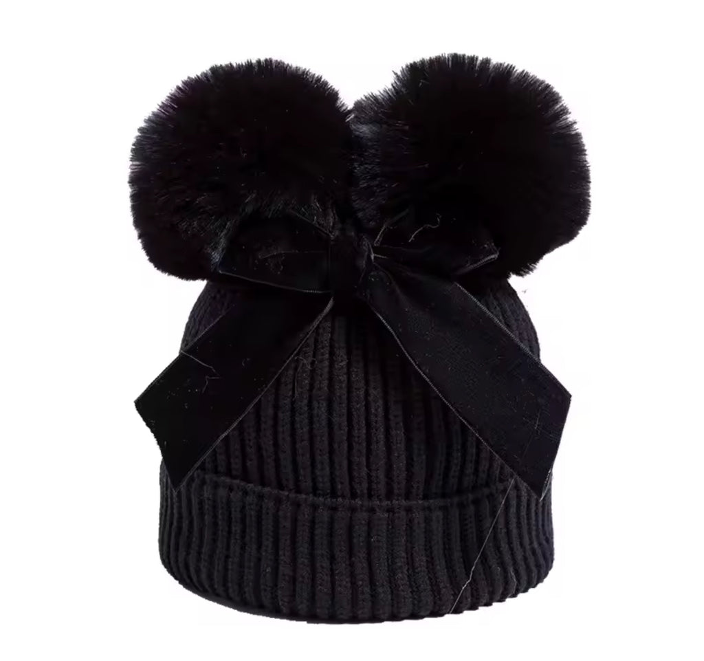 Personalised Double Pom Pom Bow Hat (Ages 2–10) 🎀