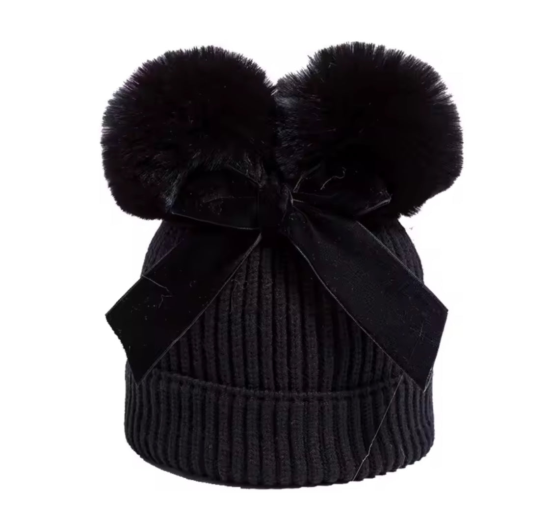 Personalised Double Pom Pom Bow Hat (Ages 2–10) 🎀