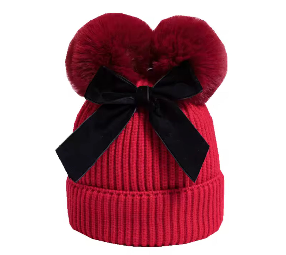 Personalised Double Pom Pom Bow Hat (Ages 2–10) 🎀