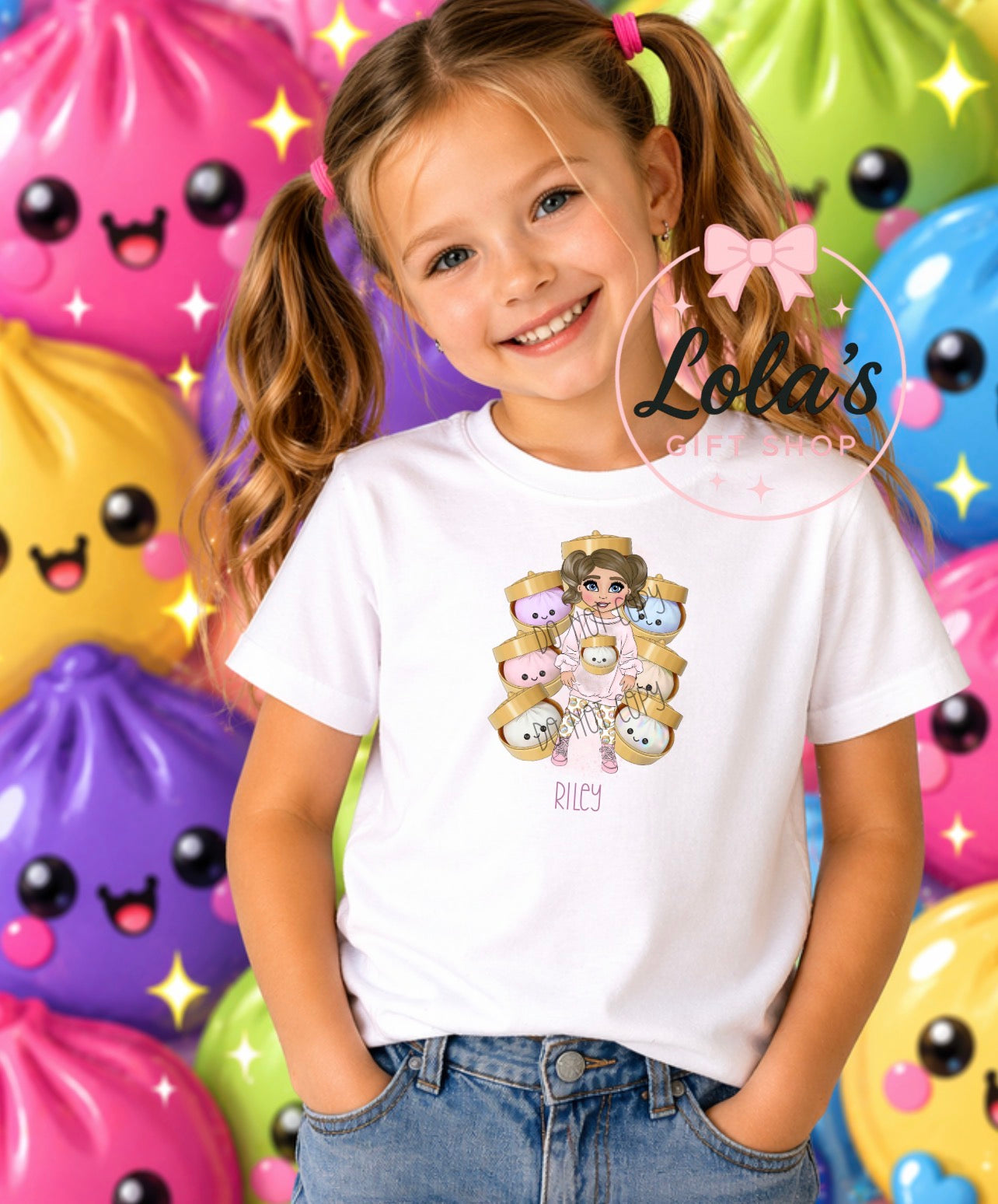 Personalised girls dolly dumpling Tshirt - any wording can be added around to top of design