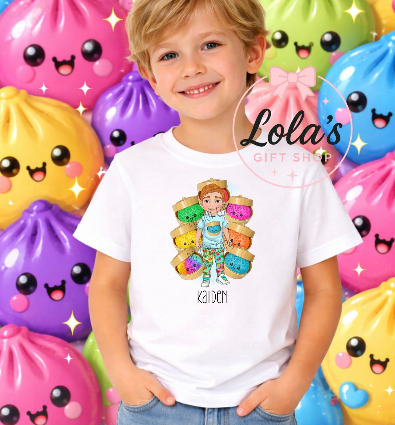 Personalised boy dolly dumpling Tshirt - any wording can be added around to top of design