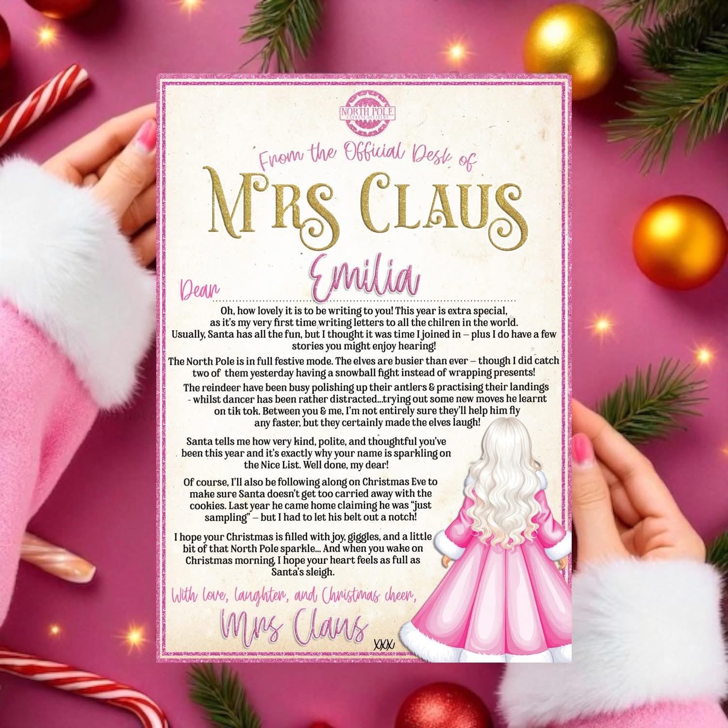Personalised Mrs Claus letter with pink envelope with sticker wax seal