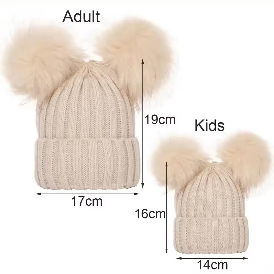 Double PomPom baby and adults beanie hat