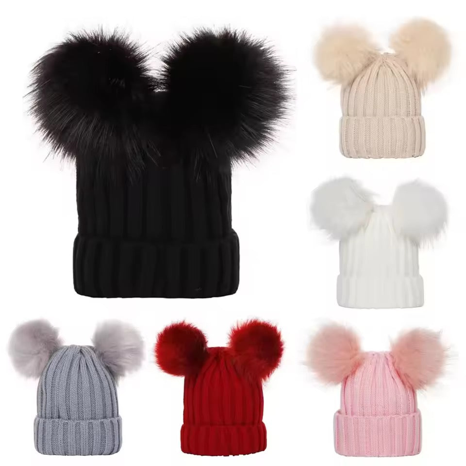 Double PomPom baby and adults beanie hat