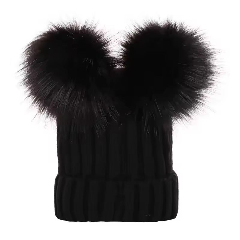 Double PomPom baby and adults beanie hat