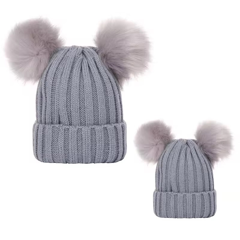 Double PomPom baby and adults beanie hat