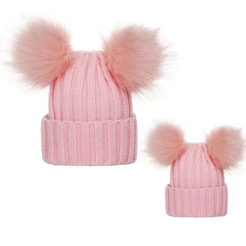 Double PomPom baby and adults beanie hat
