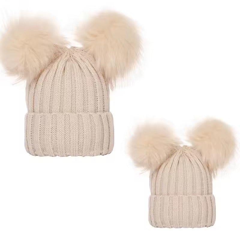 Double PomPom baby and adults beanie hat