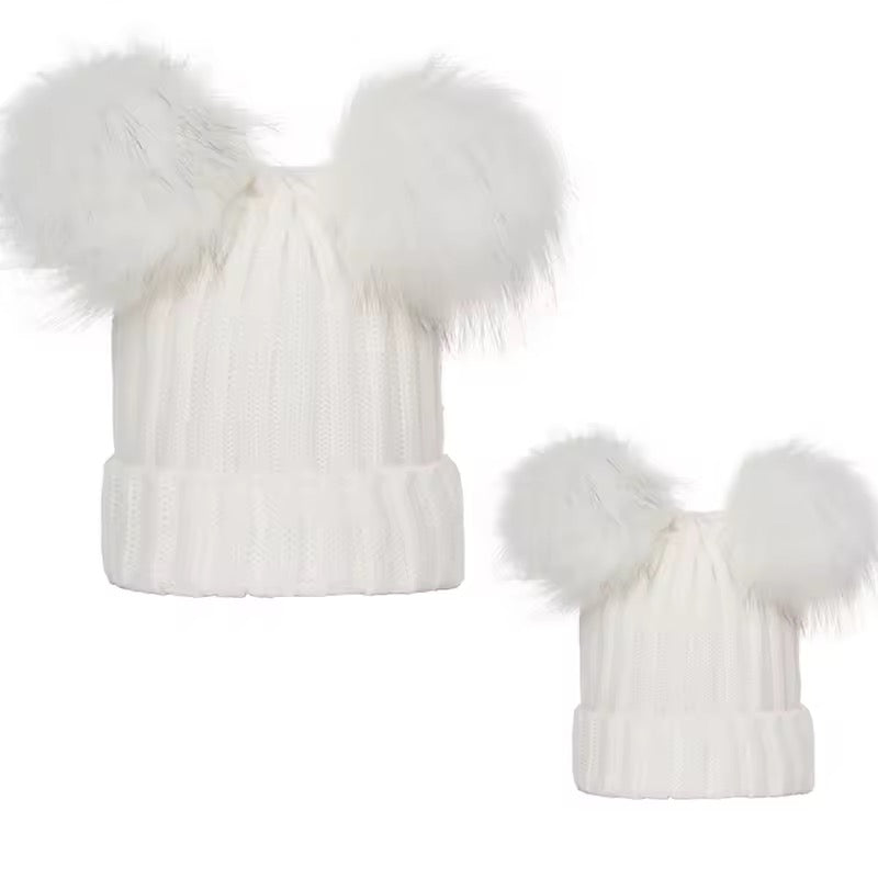 Double PomPom baby and adults beanie hat
