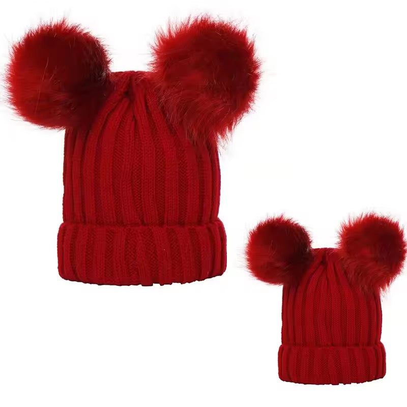 Double PomPom baby and adults beanie hat