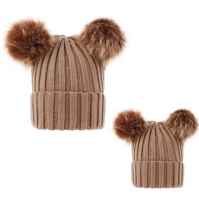 Double PomPom baby and adults beanie hat