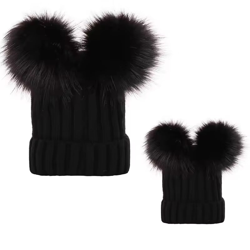 Double PomPom baby and adults beanie hat