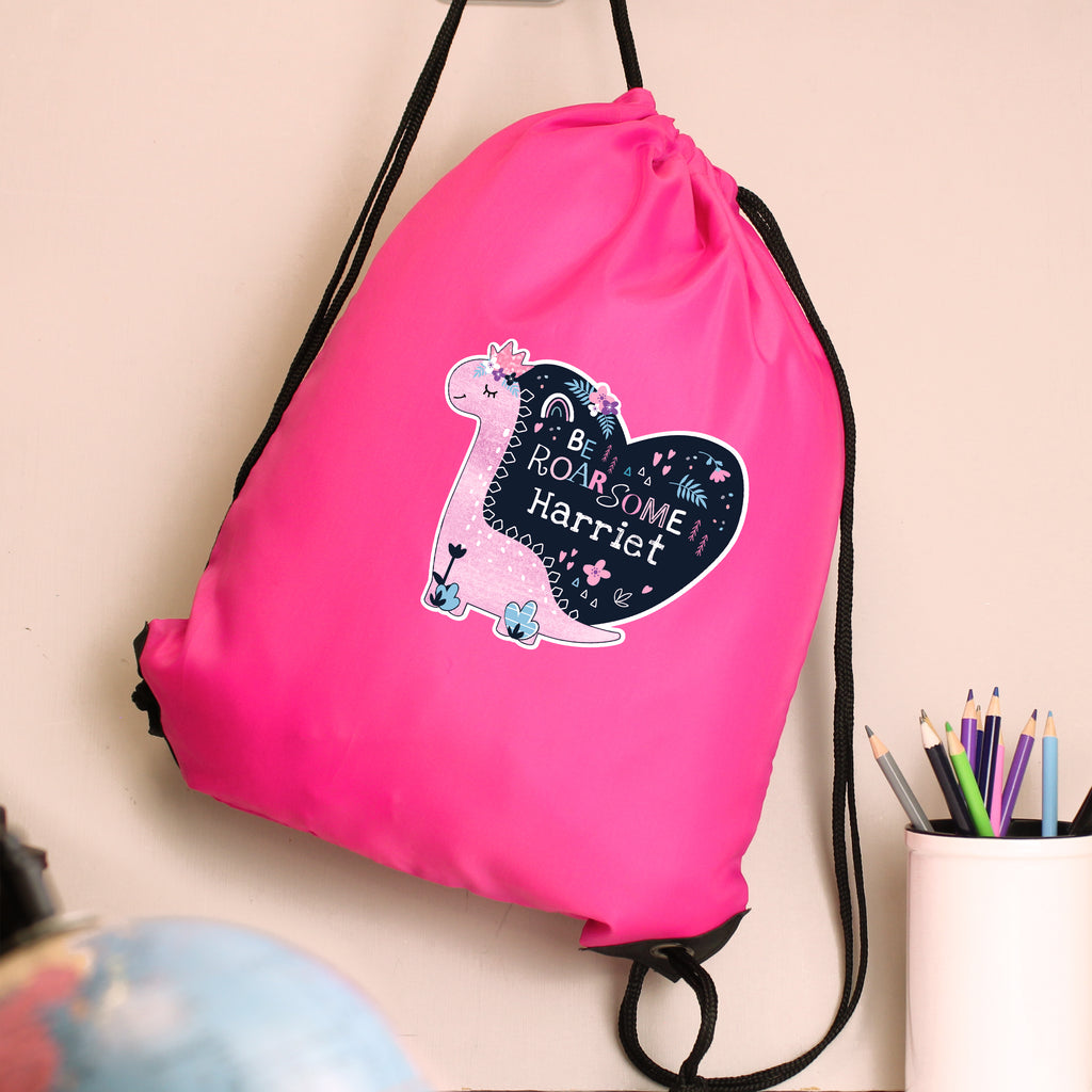 Personaksied pink dinosaur draw string bag