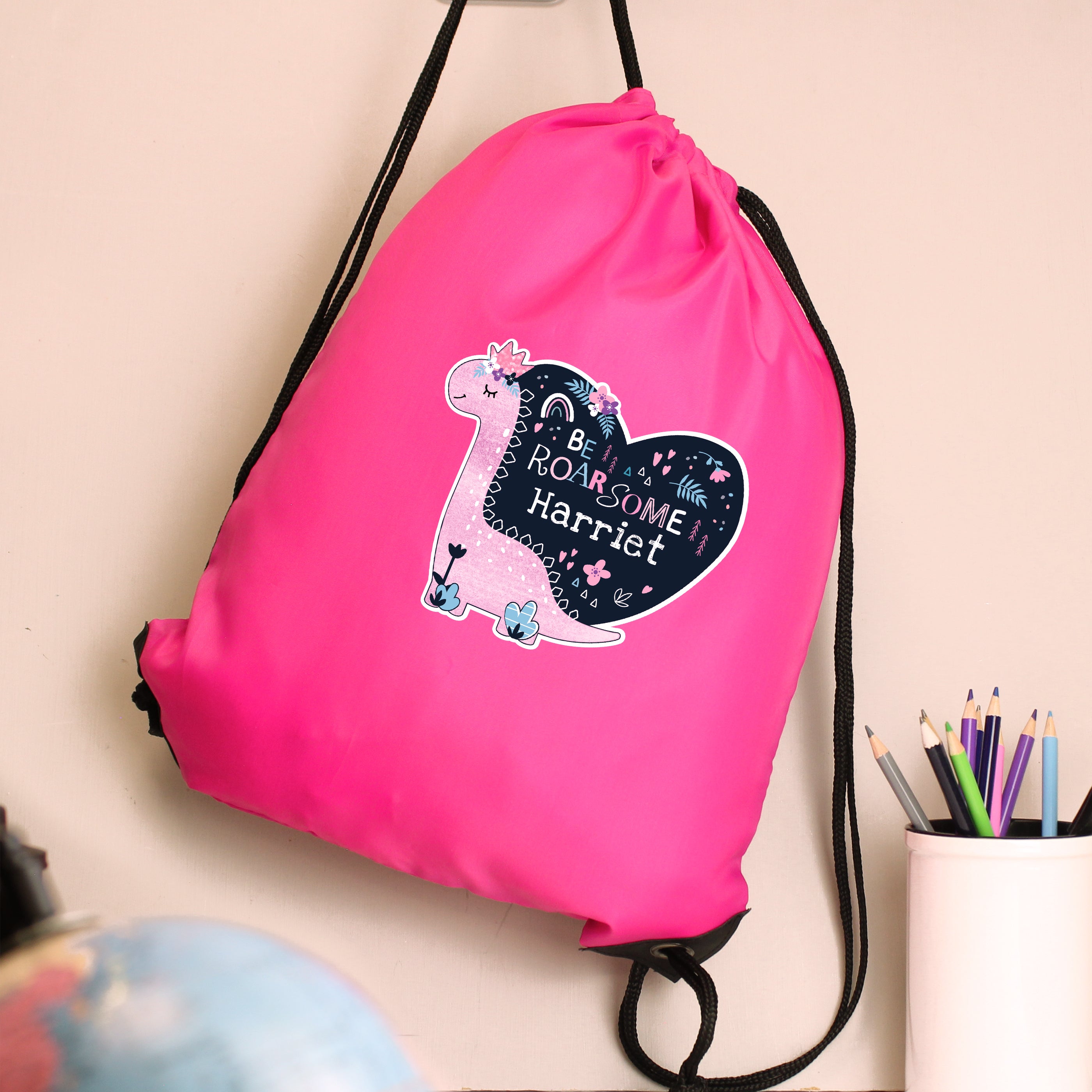 Personaksied pink dinosaur draw string bag