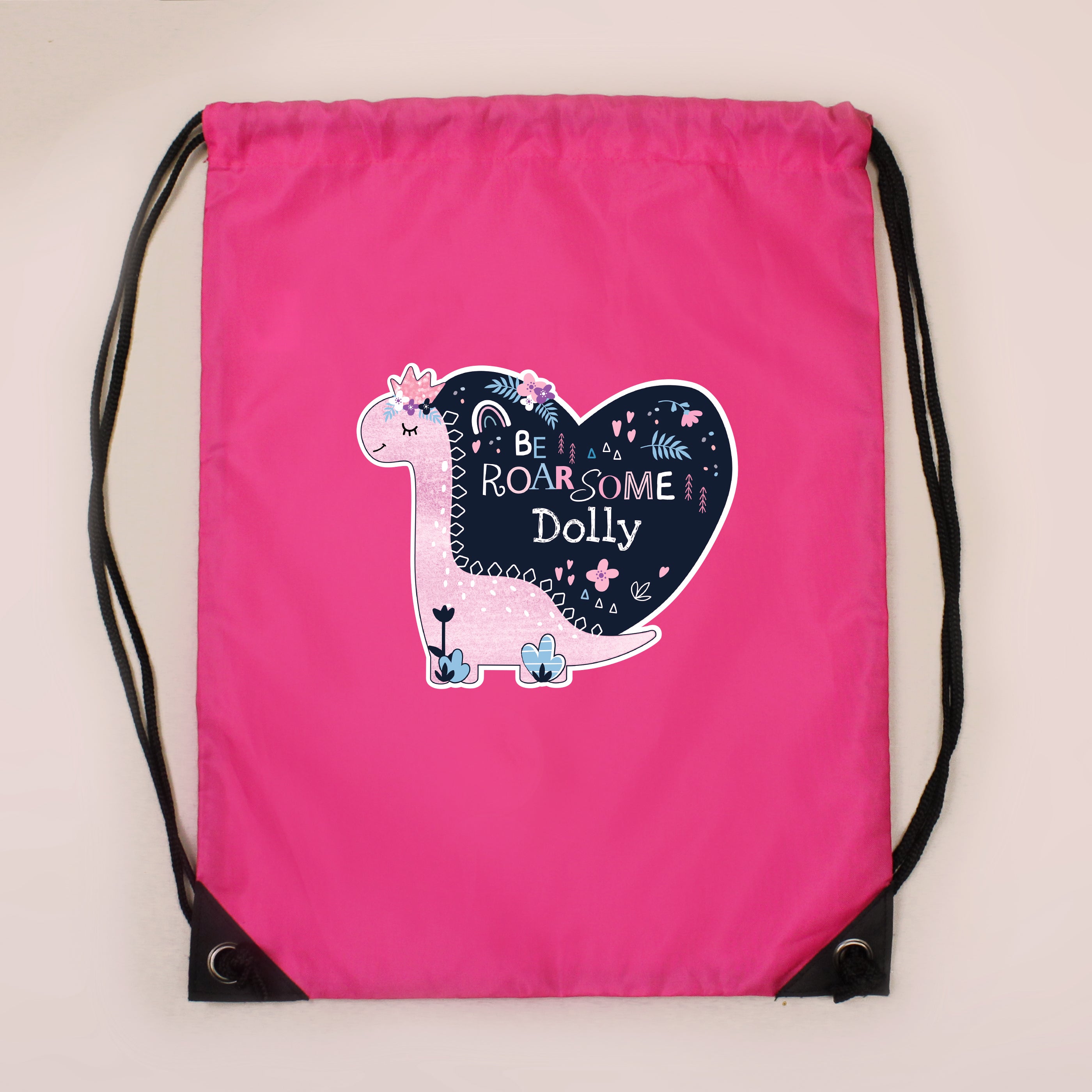 Personaksied pink dinosaur draw string bag