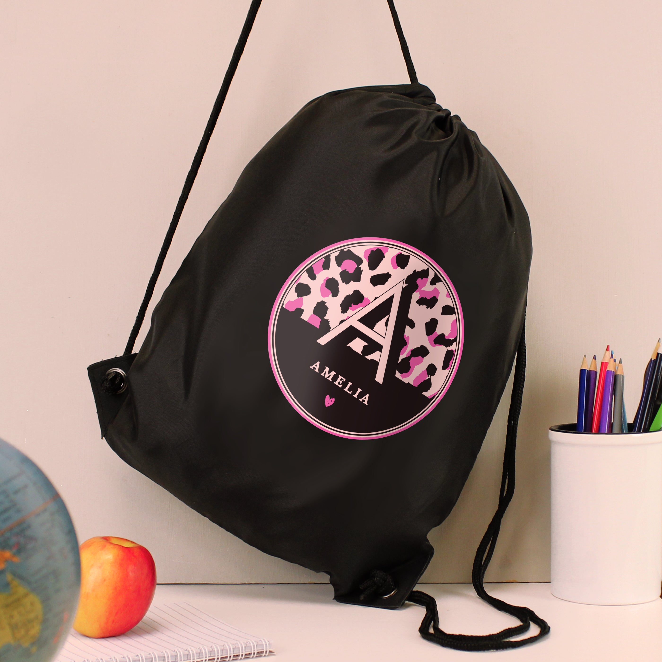 Personalised leopard print drawstring bag