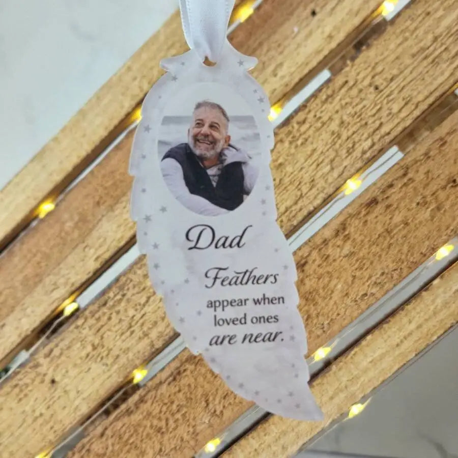 Personalised Memorial Photo Feather Decoration – “Feathers Appear” Acrylic