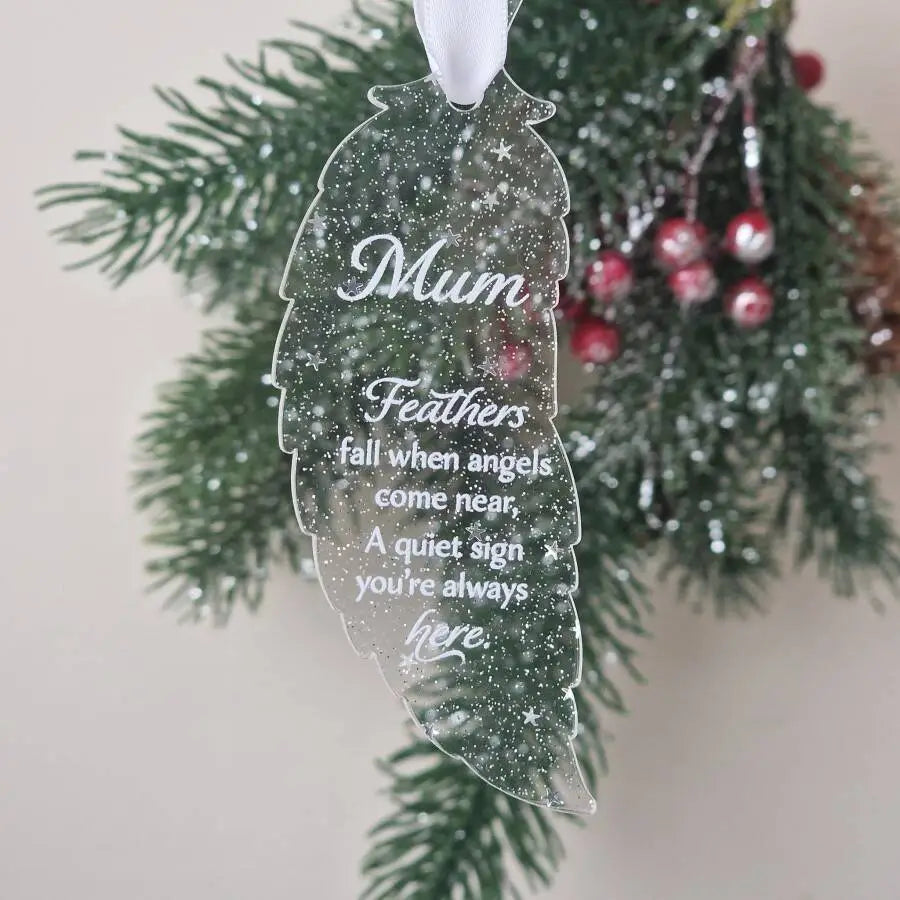 Personalised “Feathers Fall When Angels Come Near” – UV Printed Glitter Acrylic Feather