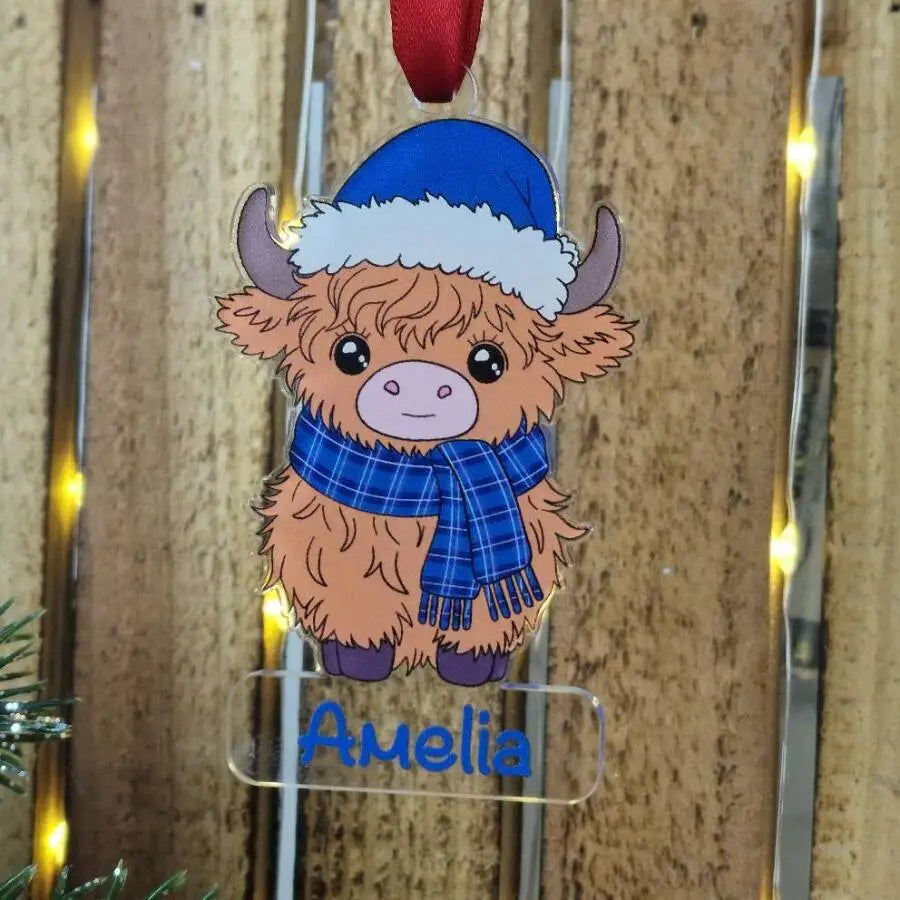 Personalised Highland Cow (Red or Blue Scarf) – UV Printed Acrylic Christmas Decoration