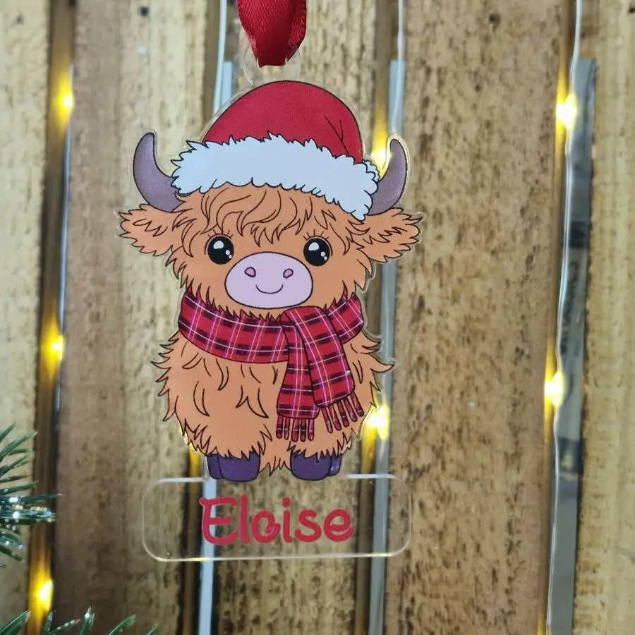 Personalised Highland Cow (Red or Blue Scarf) – UV Printed Acrylic Christmas Decoration