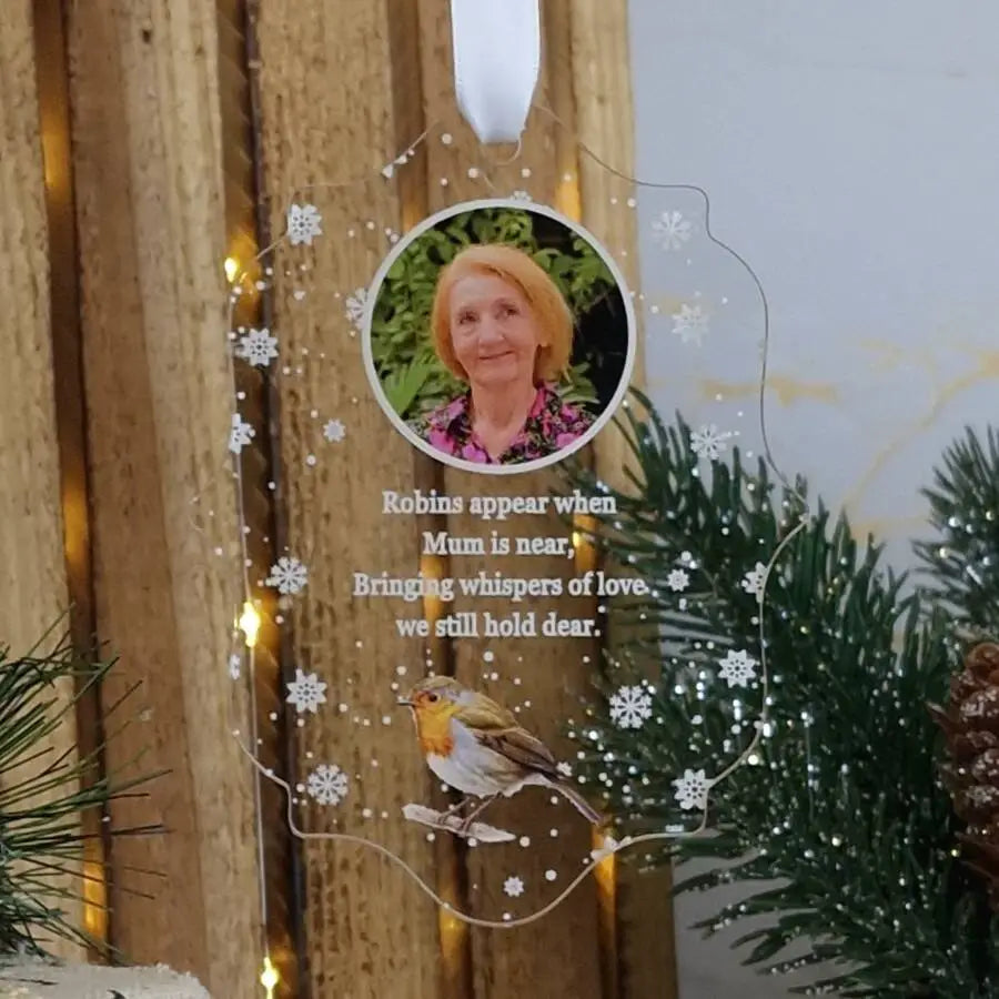Personalised Robin Memorial Decoration – “Robins Appear” UV Printed Acrylic