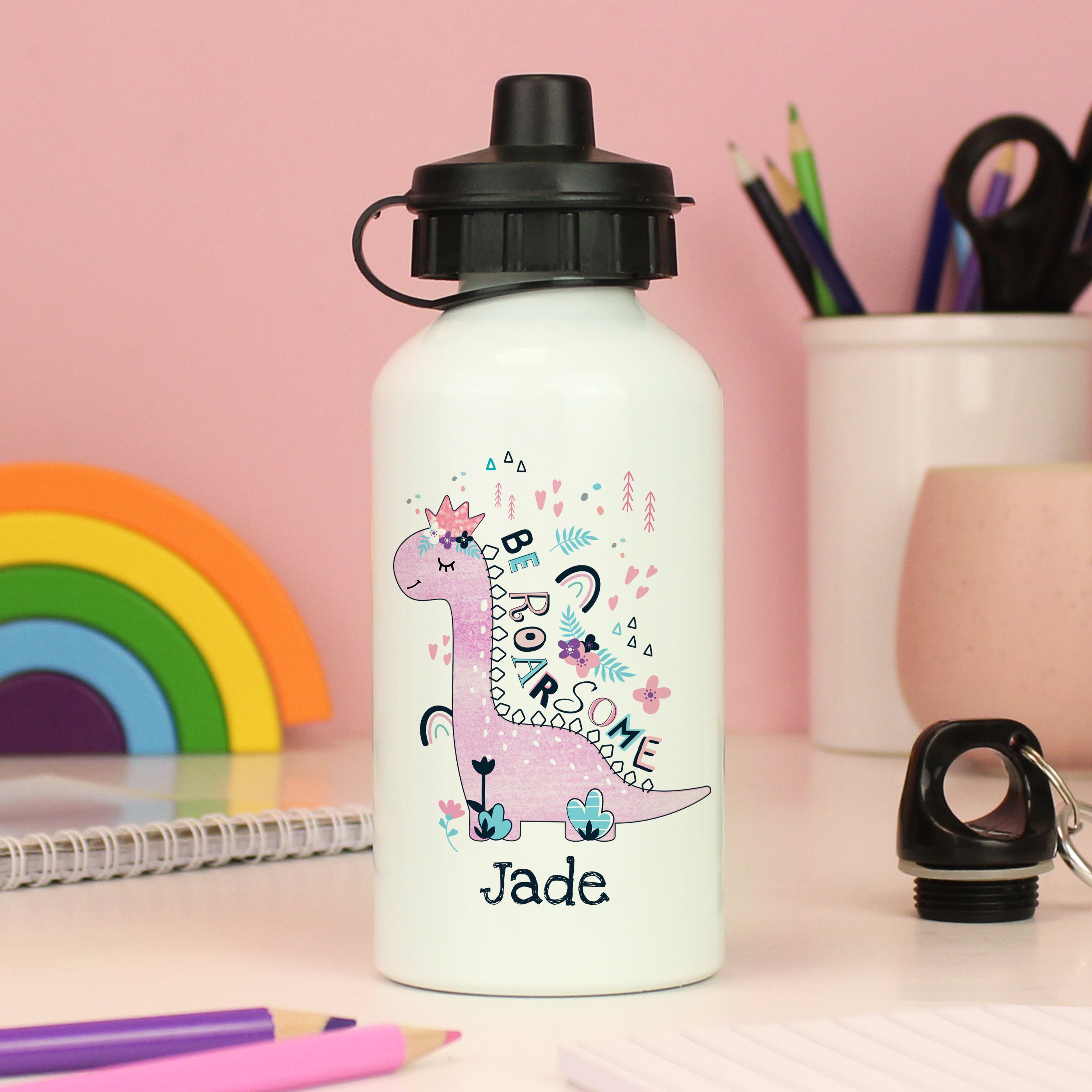 Personalised pink dinosaur bottle