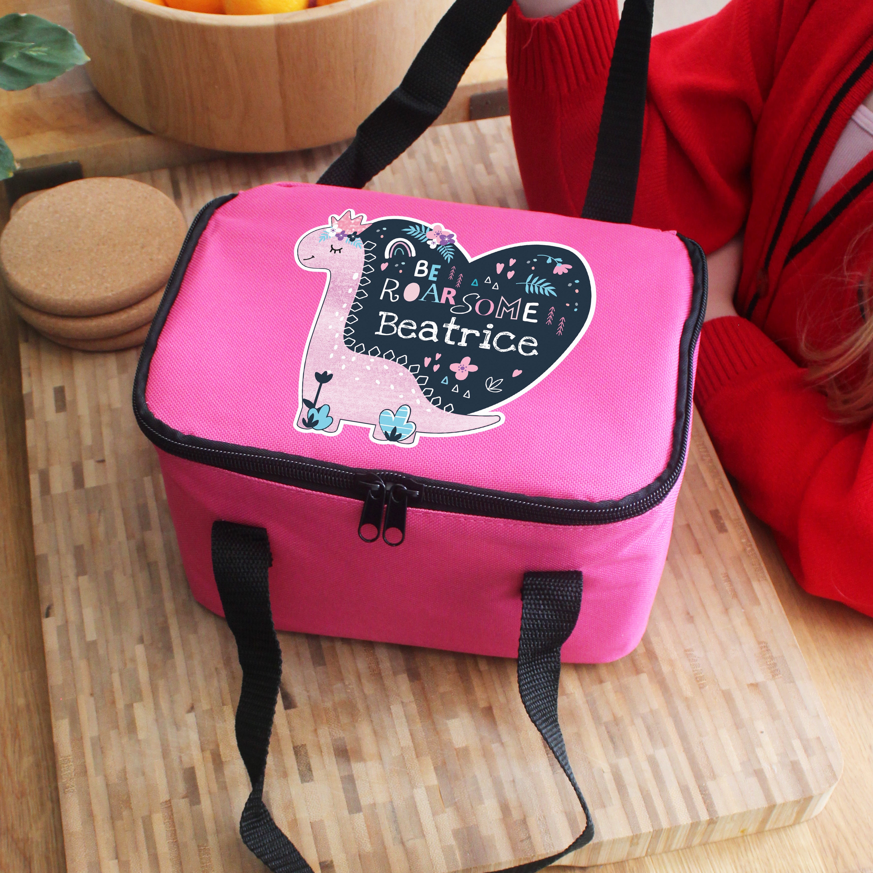 Personalised pink be roarsome lunch bag