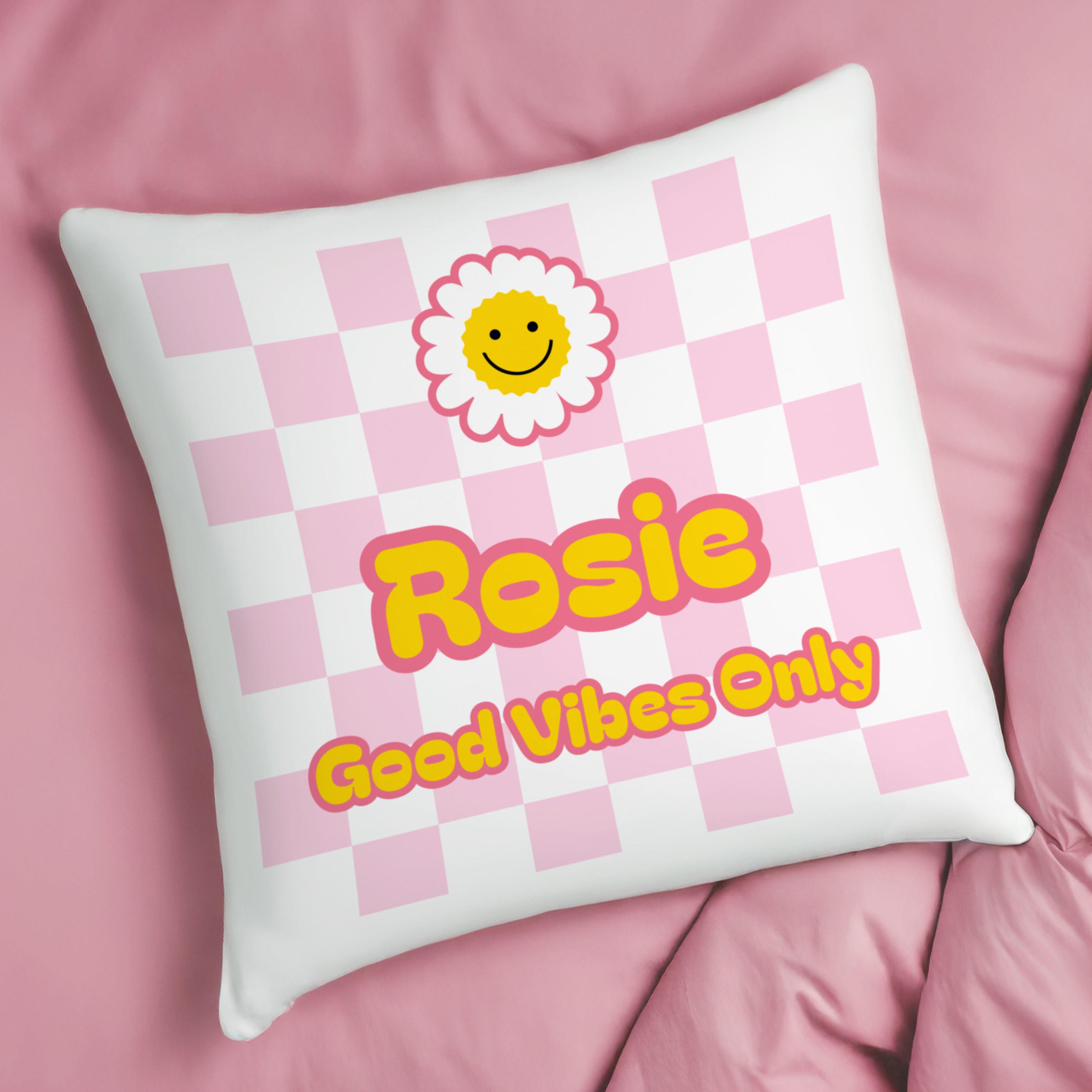 Personalised pink Check Childrens Bedroom Cushion )