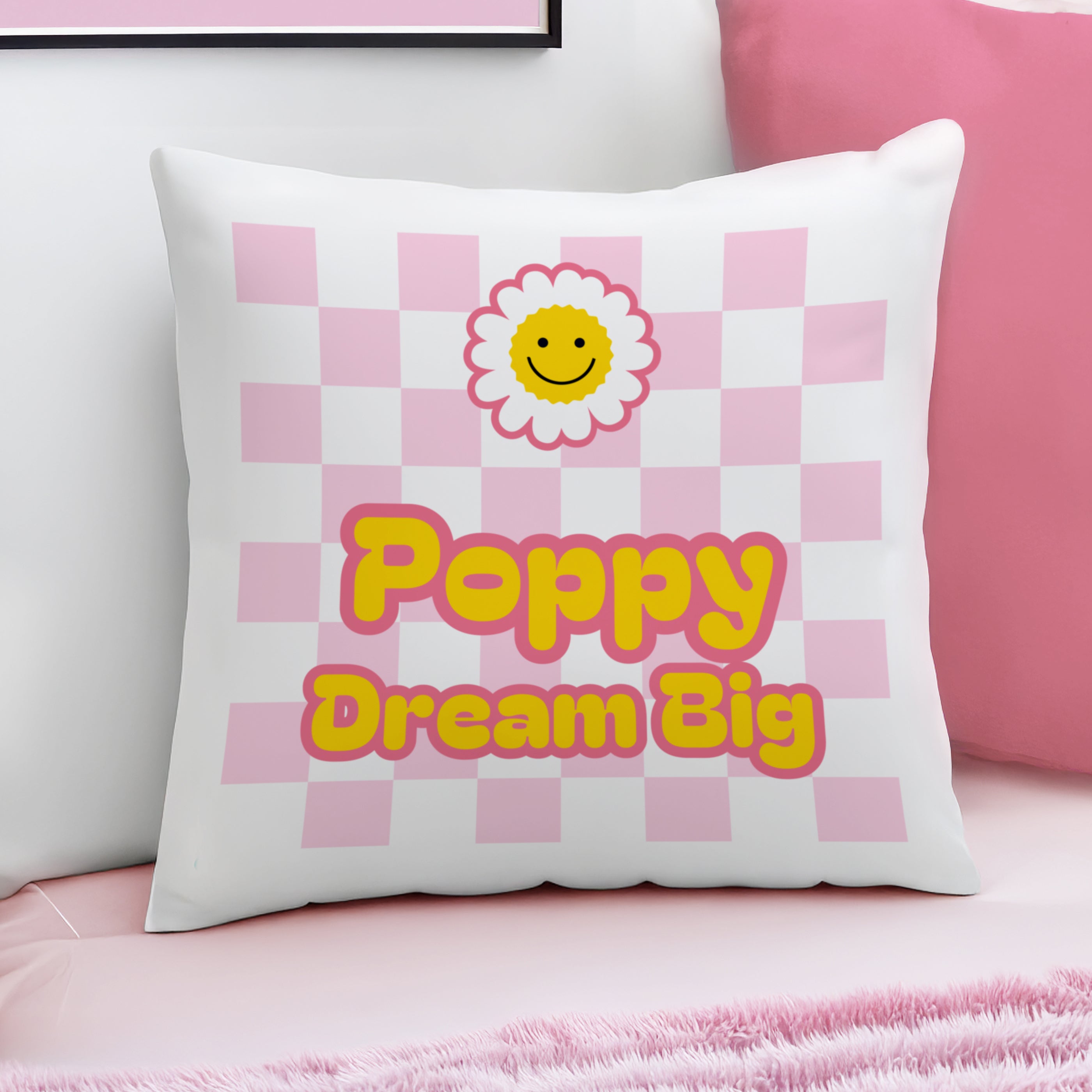 Personalised pink Check Childrens Bedroom Cushion )