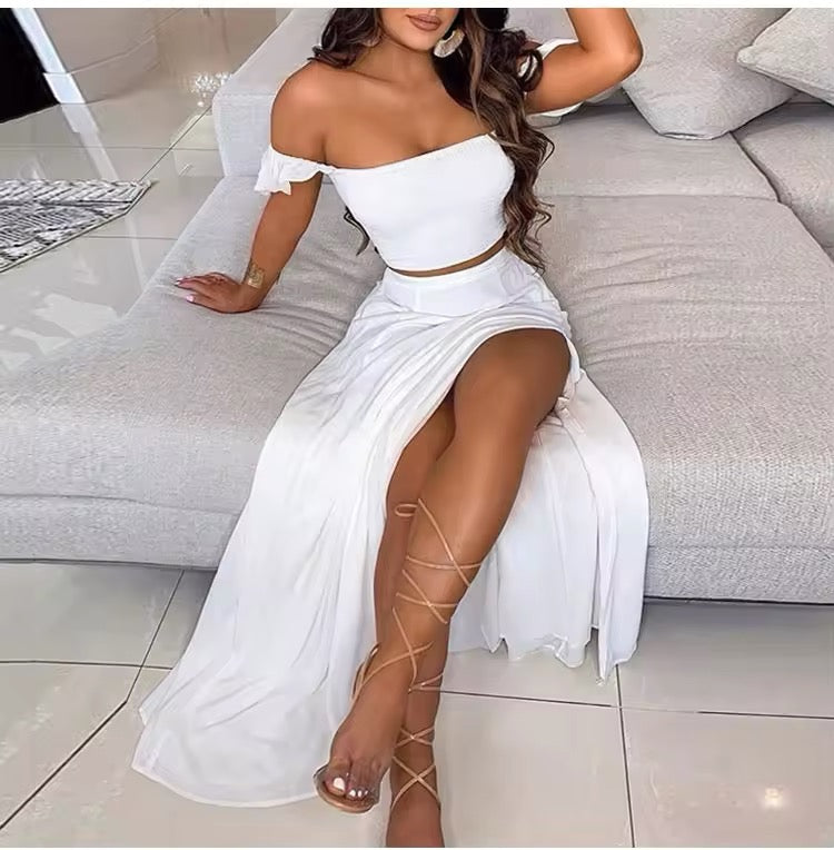 Colour block 2 piece split skirt sets